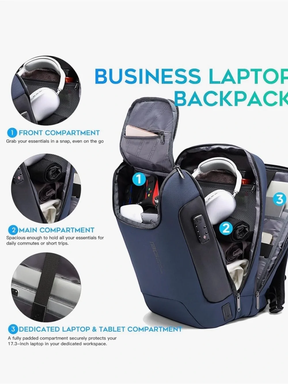 Bange BG Aesthetics Blue Men's Anti-Theft Business Backpack with USB Port NWT